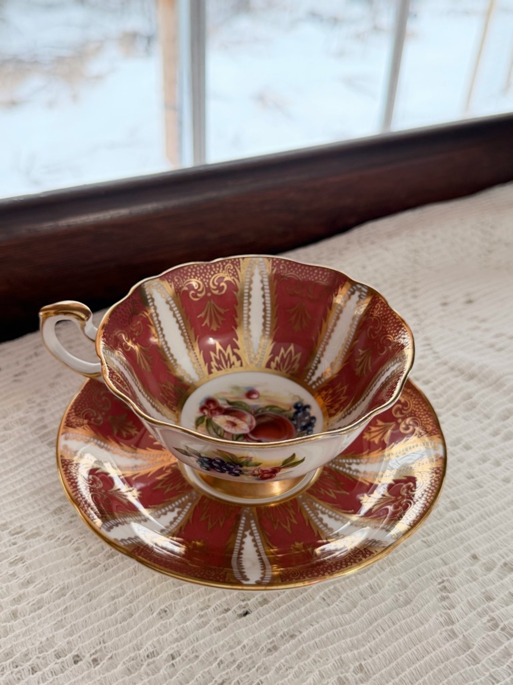 Paragon Red Gold Square Her Majesty's Cup &Saucer Fruit Pattern